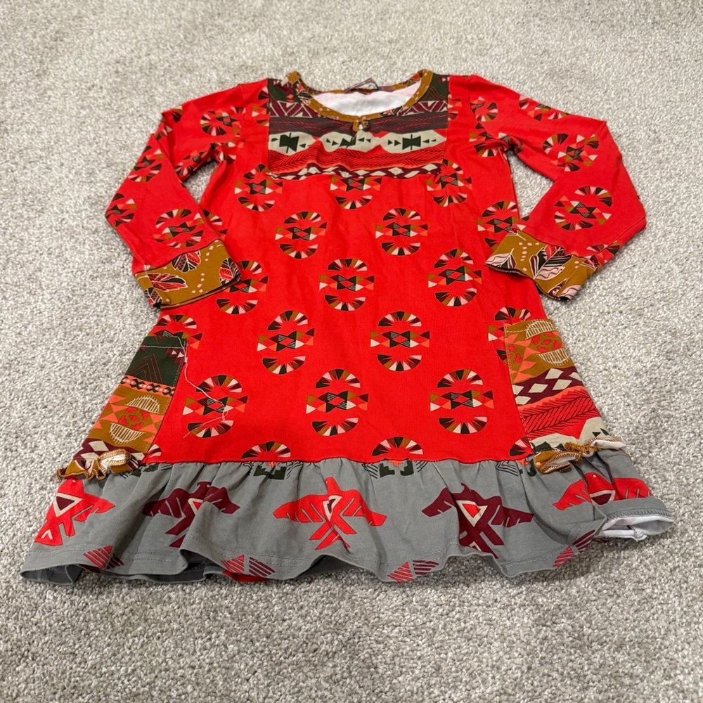 Jelly the Pug Girls Dress Aztec Ruffles Pockets Long Sleeves Size 7